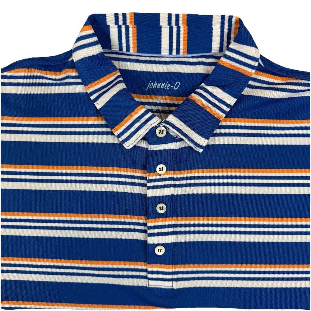 johnnie-O Performance Golf Polo Mens XL Blue Orange Striped Stretch Short Sleeve